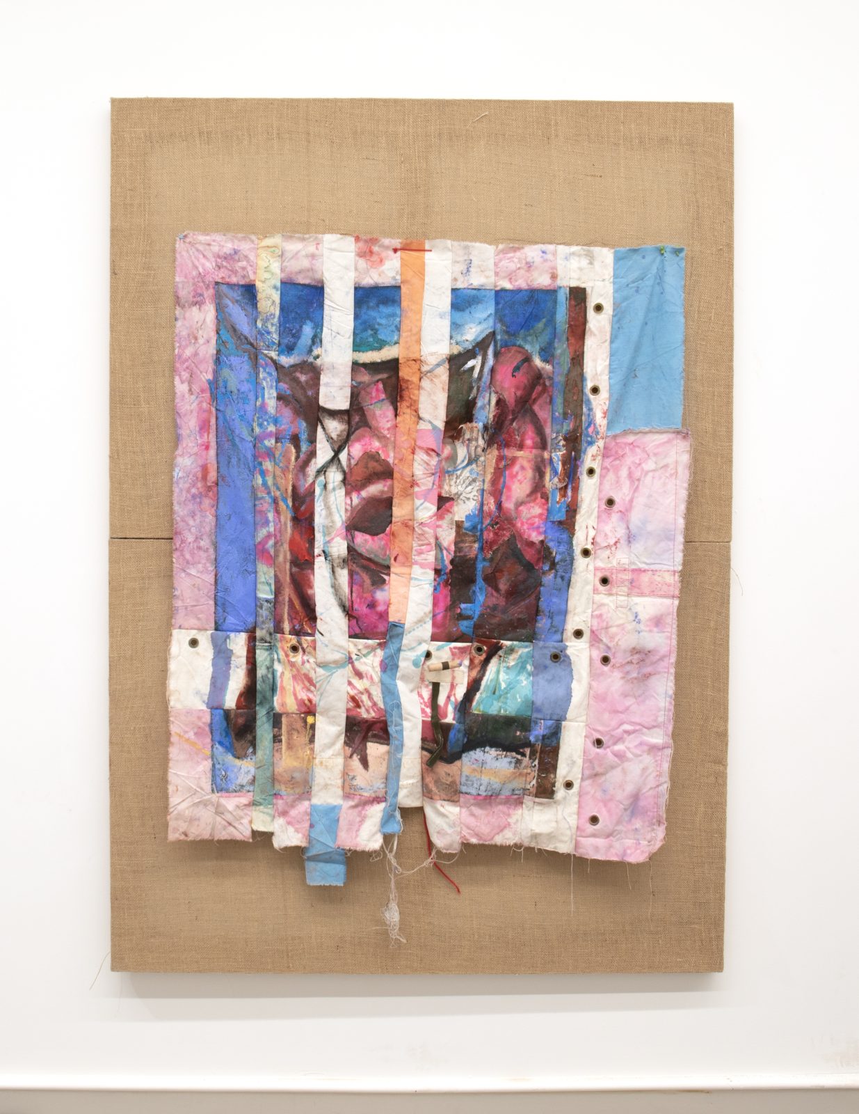 Oil paint, ink, dye, cotton tent fabric on hessian