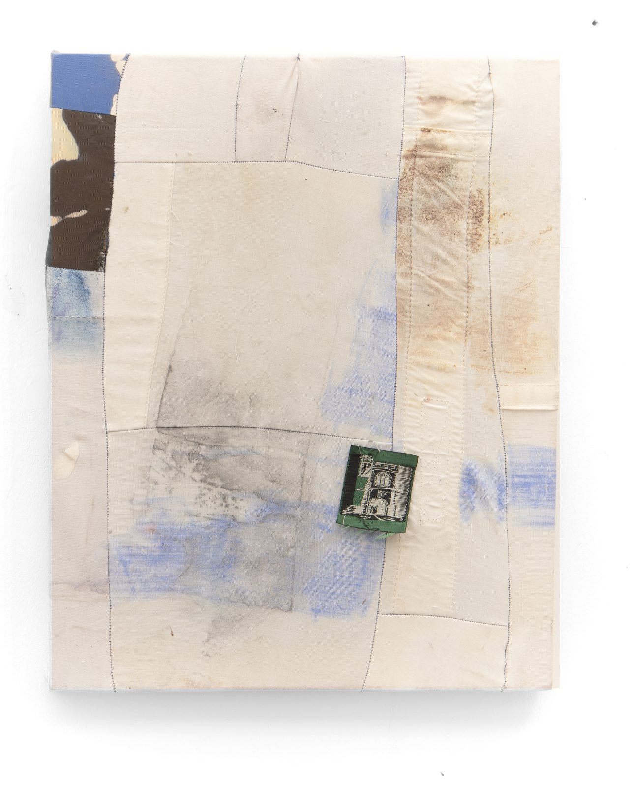Dye, bleach on tent canvas, cotton fabric, staple, scout badge