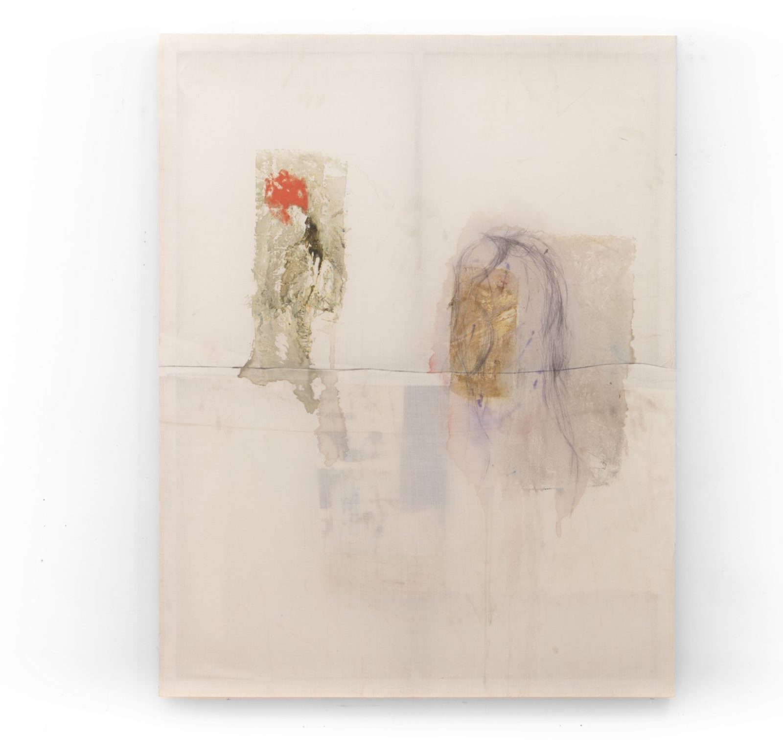 Oil paint, biro, acrylic paint, dye, glue on tent canvas and cotton fabric