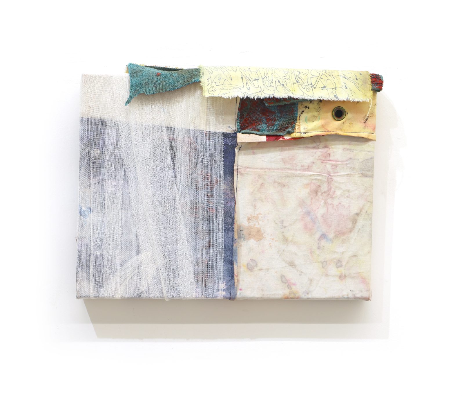 Tent canvas, dye, bandage circa 1970, towel, ink, oil paint