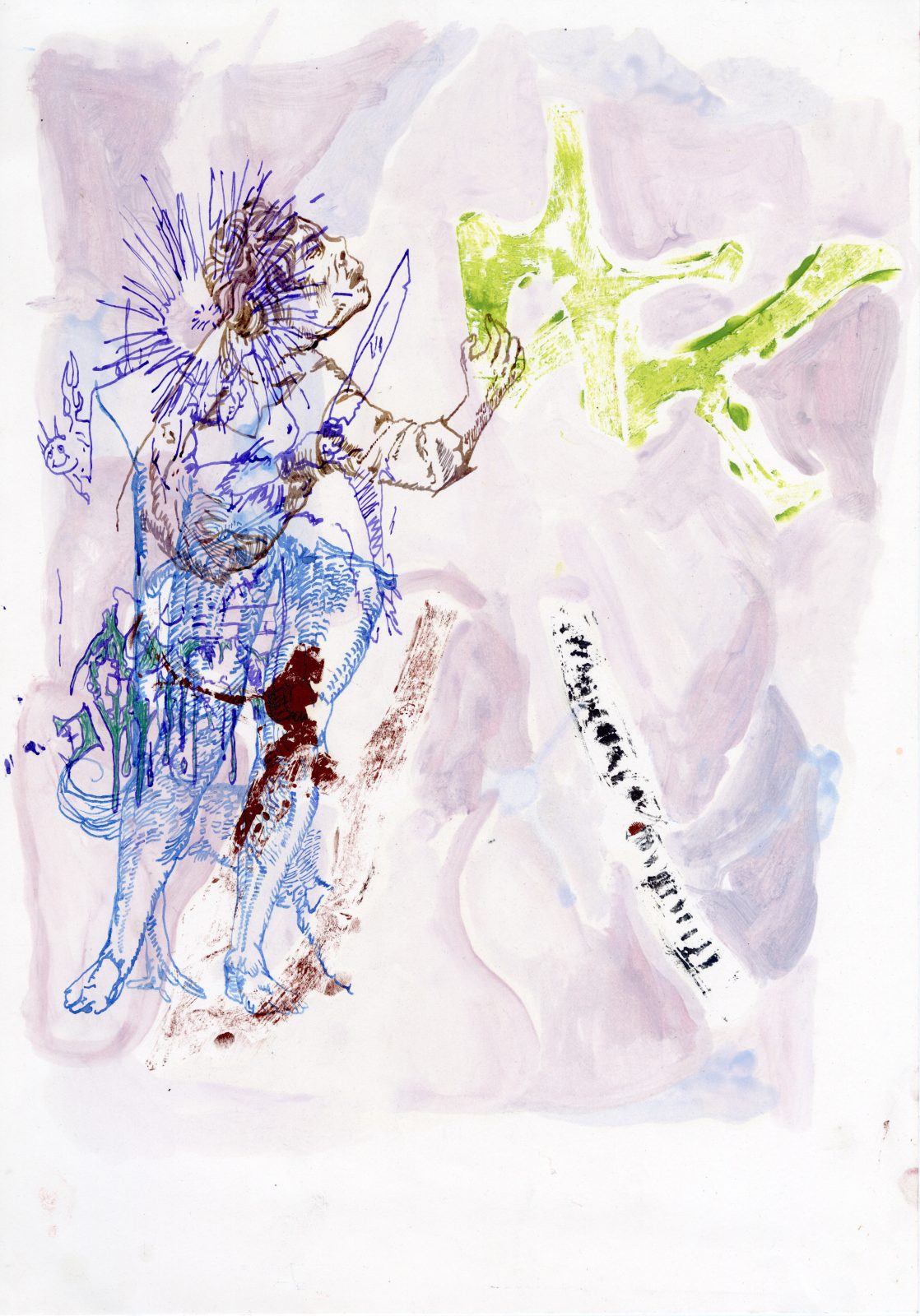 Ink, oil paint, on paper