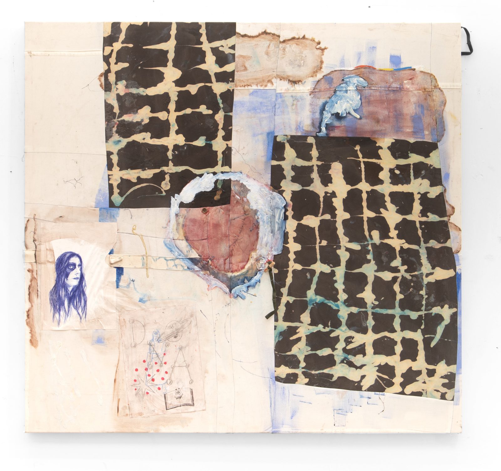 Oil paint, biro, pencil, acrylic paint, bleach on tent canvas and cotton fabric